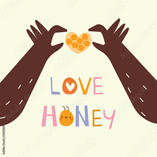 Love honey confession illustration. Vector illustration of bear hands, handmade font and honey