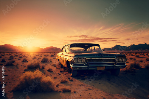 Muscle car in the desert at sunset background, auto industry classic, retro car, generated ai