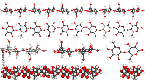 Cellulose (C6H10O5)n polymer and monomer molecule transparent chemical structure