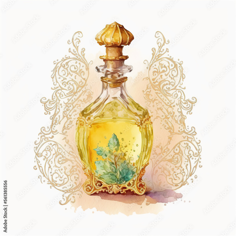 perfume, fragrance, antique, watercolour, yellow, Generative AI perfume, fragrance, antique, watercolour, yellow, Generative AI