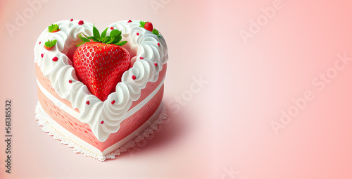 Delicious Valentine s sweet gift  strawberry cake with cream  heart shape  copy space on the right   illustration. Generative AI
