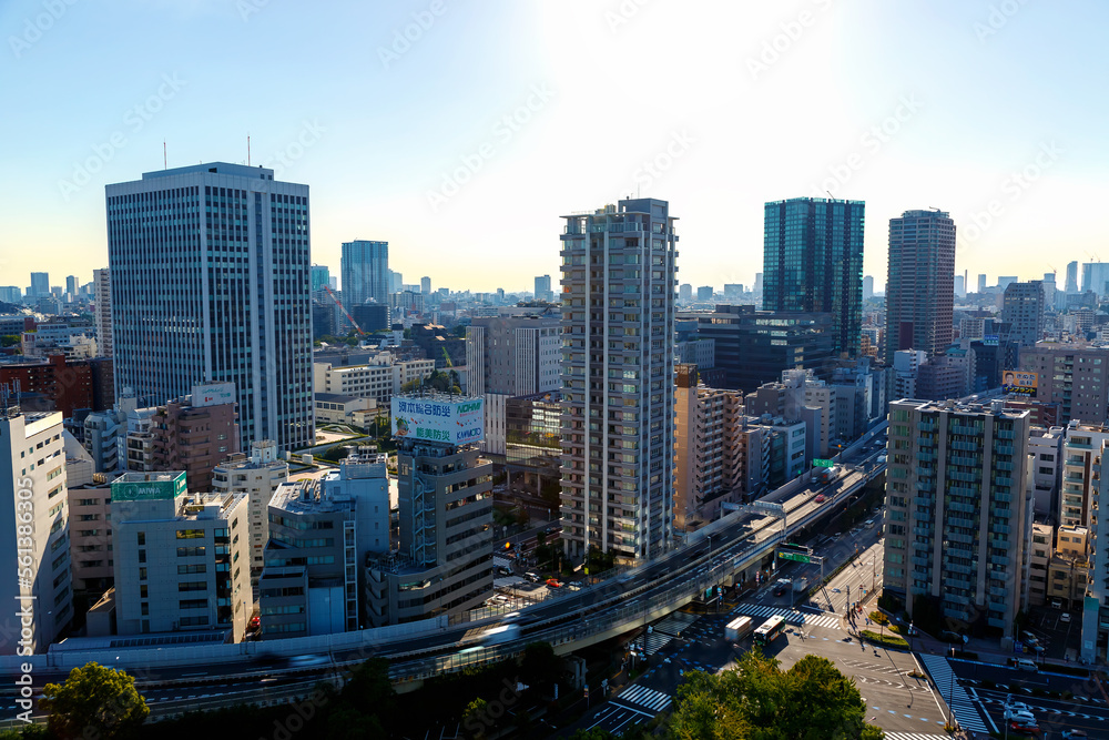 Skyscrapers and highways through Minato, Tokyo, Japan