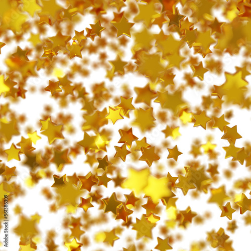 Shiny golden star confetti glitter partly blurred on transparent background (3D Rendering)