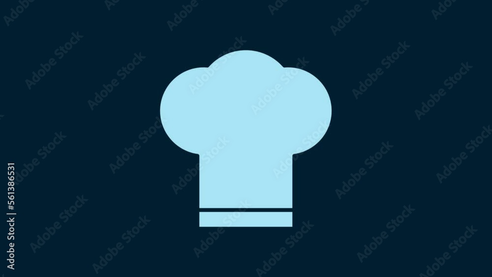 White Chef hat icon isolated on blue background. Cooking symbol. Cooks hat. 4K Video motion graphic animation