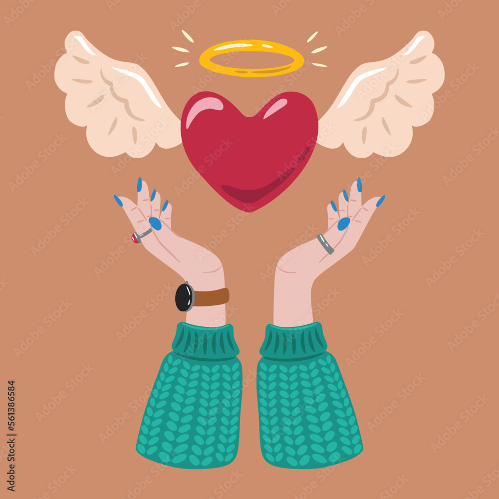 Obraz premium Heart in hands. Hand holding heart flat vector illustration. A flying heart with angel wings in hands. Valentine's day. Cute illustration for a print.