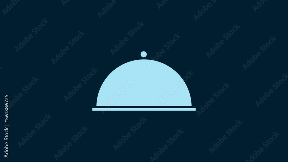 White Covered with a tray of food icon isolated on blue background. Tray and lid. Restaurant cloche with lid. Kitchenware symbol. 4K Video motion graphic animation White Covered with a tray of food icon isolated on blue background. Tray and lid. Restaurant cloche with lid. Kitchenware symbol. 4K Video motion graphic animation