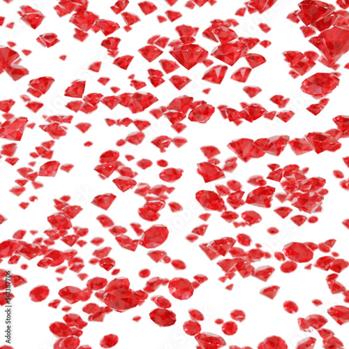 Red Diamonds drifting down like confetti, partly blurred on transparent background (3D Rendering)