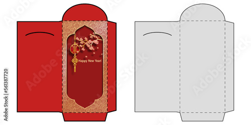 Chinese New Year Money Red Packet Ang Pau Design Envelope with Die cut. Vertical Layout with a cherry blossom branch and hanging oriental festive decoration