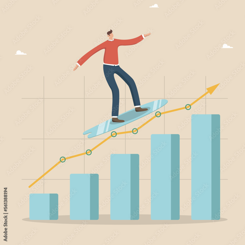 Follow a business trend or momentum, overcome difficulties, a businessman surfs or rides a board in the direction of success. Growth graph of the stock market, investment market, capital market.