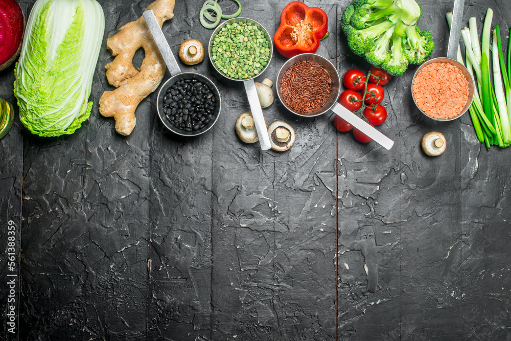 Organic food. Different healthy vegetables and fruits with beans. Organic food. Different healthy vegetables and fruits with beans.