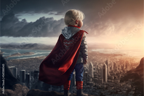 Child superhero overlooking city
