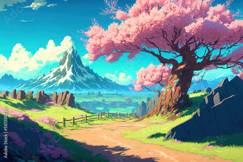 beautiful spring landscape, scenery, tree, sakura, art illustration