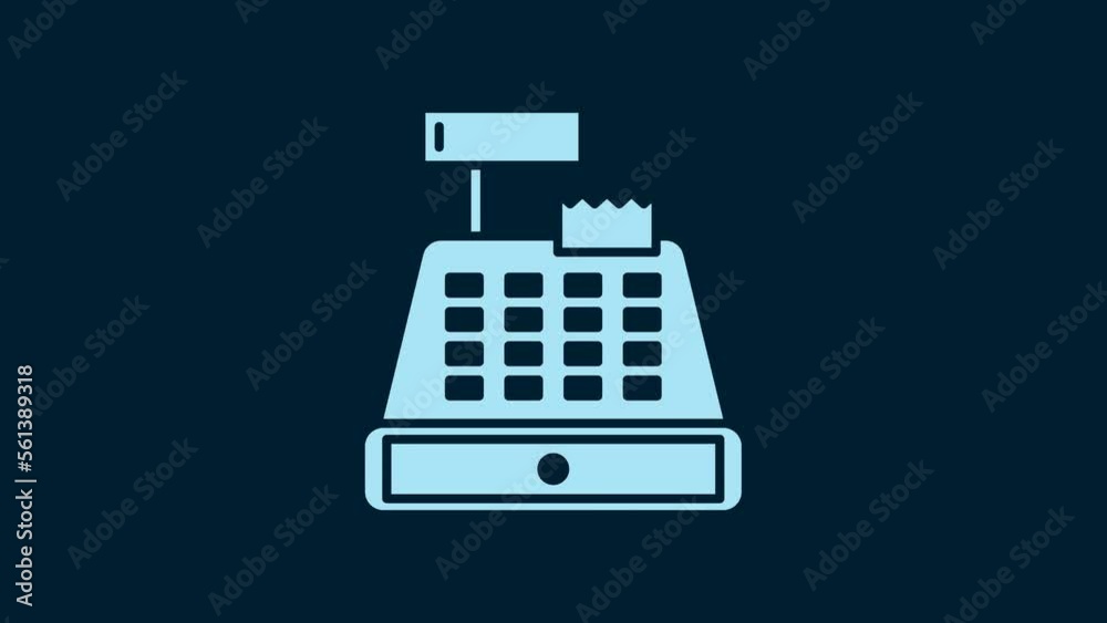 White Cash register machine with a check icon isolated on blue background. Cashier sign. Cashbox symbol. 4K Video motion graphic animation White Cash register machine with a check icon isolated on blue background. Cashier sign. Cashbox symbol. 4K Video motion graphic animation