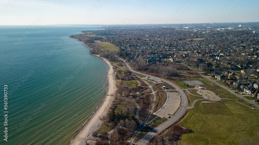 Aerial view of Paradise Park on the coast of Lake Ontario in Ajax Ontario