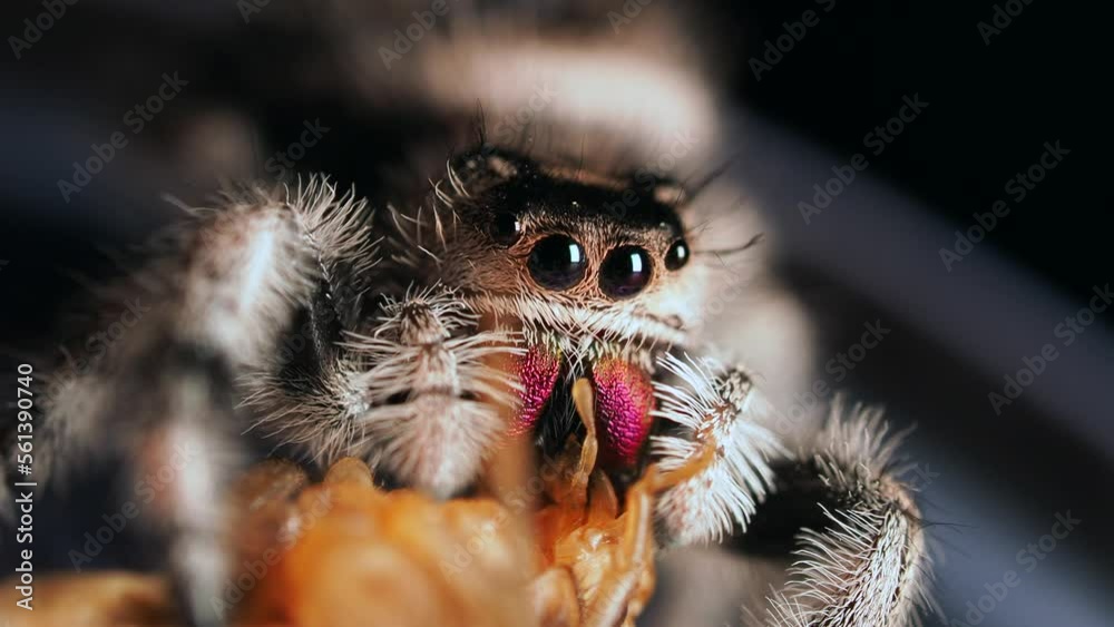 A small jumping spider (Phidippus regius, female) eats its prey. Close-up view of her powerful chelicerae, eye-to-eye. High magnification.