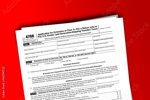 Form 4768 documentation published IRS USA 44168. American tax document on colored photo
