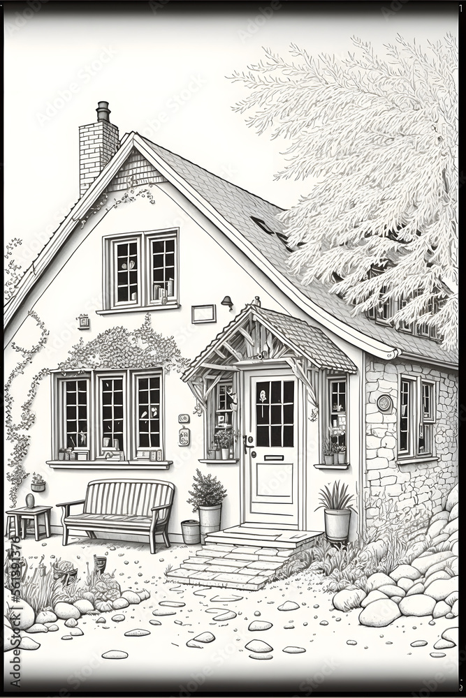 drawing of a house colouring book style, cozy home, colouring Page,  coloring page Stock Illustration | Adobe Stock