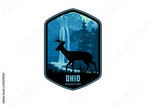 Ohio vector label with white-tailed deer near Ash Cave in Hocking Hills State Park