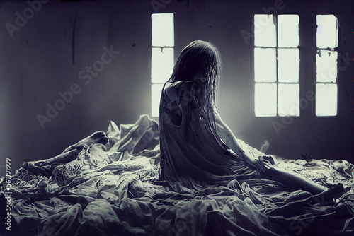 Nightmare girl in bed horror concept
