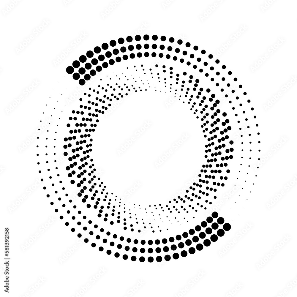 Black halftone dots in circle form. Concentric rotating circles.   Halftone dotted lines. Trendy element for posters, social media, logo, frames, badges, promotion, flyer, covers, banners, backdrop