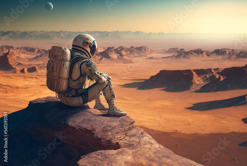 an astronaut sits on a rock on another planet in a desert with mountains. Generative AI