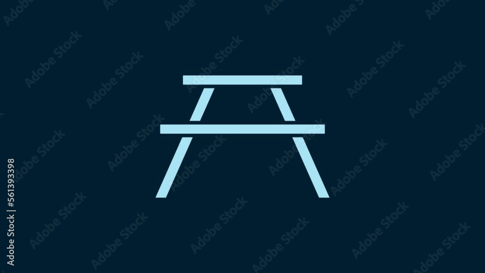 White Picnic table with benches on either side of the table icon isolated on blue background. 4K Video motion graphic animation White Picnic table with benches on either side of the table icon isolated on blue background. 4K Video motion graphic animation