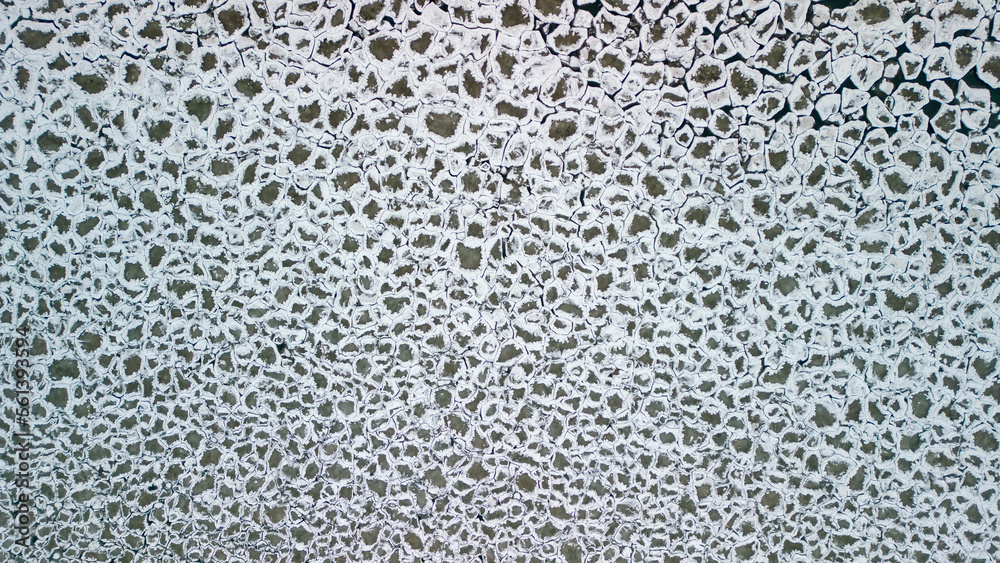 Aerial top down view of interlocking ice chunks on Lake Ontario Aerial top down view of interlocking ice chunks on Lake Ontario