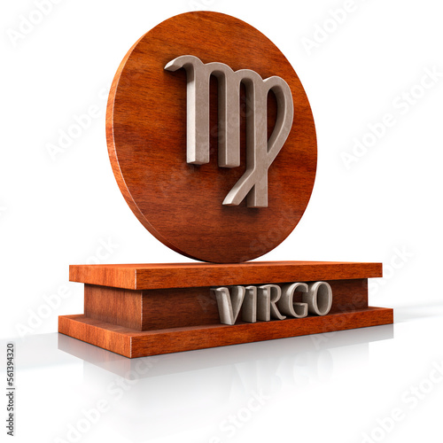 Virgo zodiac sign. 3D illustration of the zodiac sign Virgo made of stone on a wooden stand with the name of the sign at the base. Part of a set of 12 images of the zodiac signs