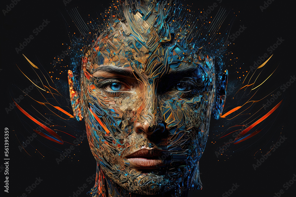 Front view of a humanoid cyber girl with a neural network. Artificial intelligence concept. AI generative.