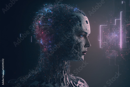 Abstract digital humanoid cyber face. Artificial intelligence concept of big data or cyber security. Chat GPT concept. Generative AI.