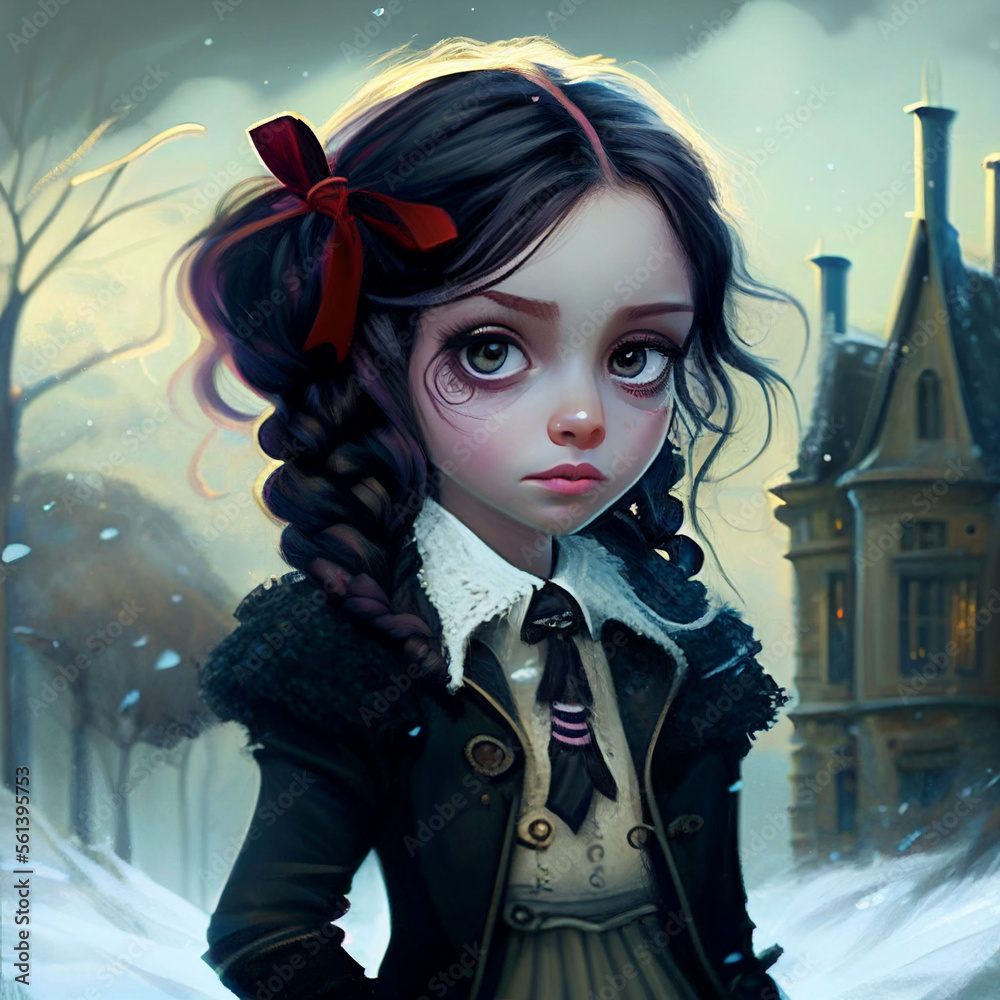 cute cartoon goth girl in winter. generative ai. Stock