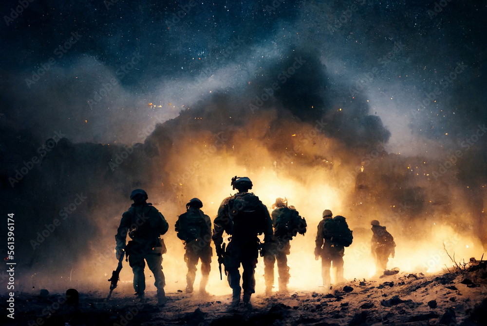 Fototapeta premium team of soldiers, soldiers with guns, rifle at the ready, in dar