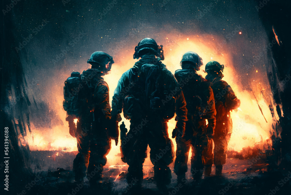 group of soldiers, soldiers with guns, rifle at the ready, in da group of soldiers, soldiers with guns, rifle at the ready, in da