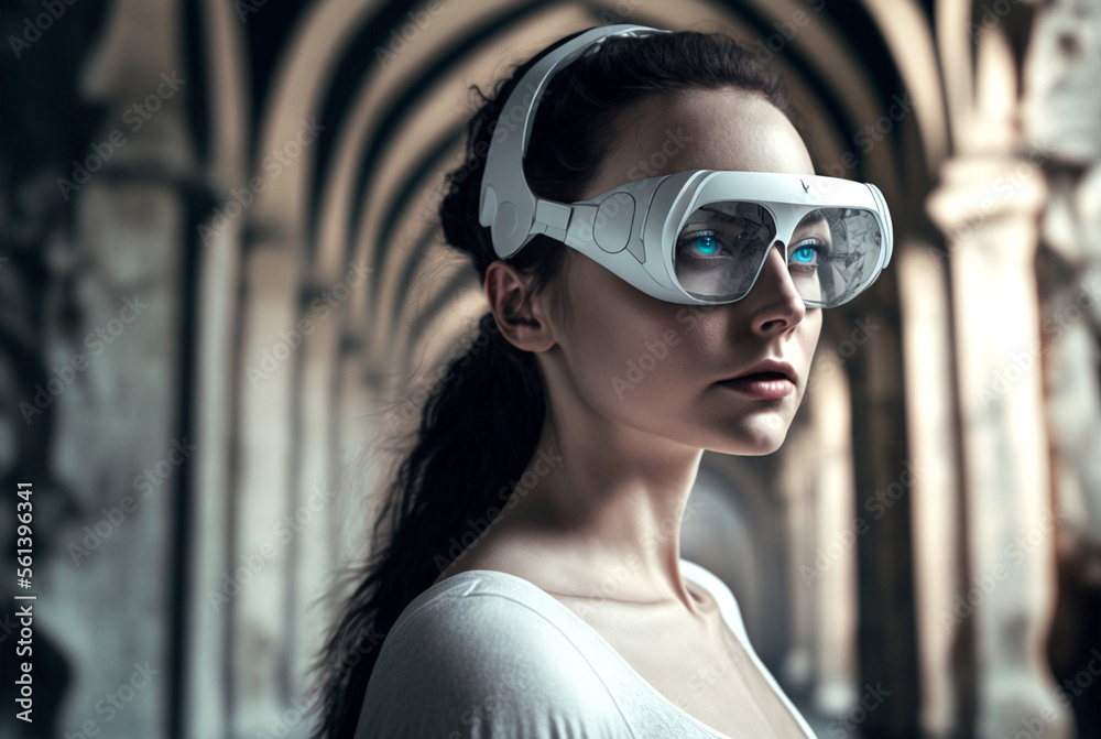 Naklejka premium a young woman visits a fictional place by virtual reality with h