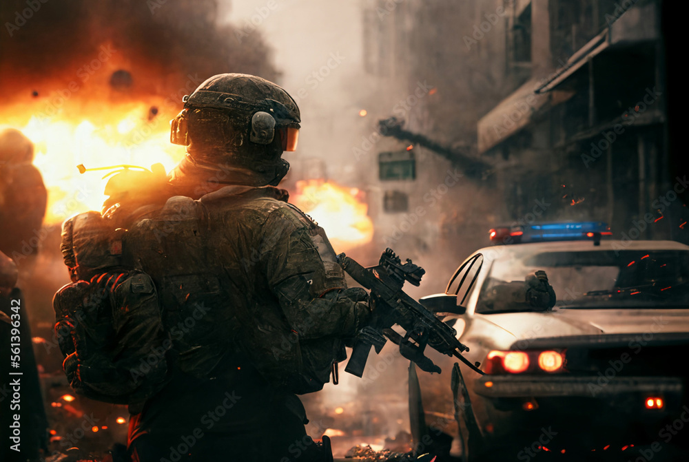 a soldier with a helmet and a gun in a city, a war zone with fir a soldier with a helmet and a gun in a city, a war zone with fir