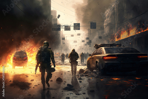 a soldier with a helmet and a gun in a city, a war zone with fir © wetzkaz