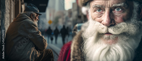 a poor old man with long gray beard and warm clothes sits on the roadside in a city and Santa Claus with a friendly smile, front view. Generative AI