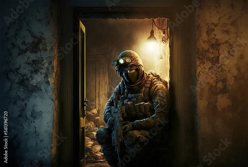 a soldier with gun, rifle at the ready, in darkness. Generative