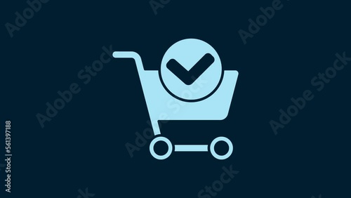 White Shopping cart with check mark icon isolated on blue background. Supermarket basket with approved, confirm, tick, completed. 4K Video motion graphic animation