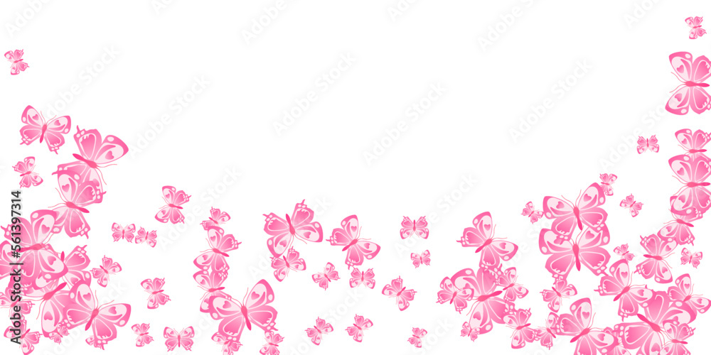Romantic pink butterflies isolated vector wallpaper. Summer beautiful insects. Decorative butterflies isolated kids background. Delicate wings moths patten. Tropical creatures.