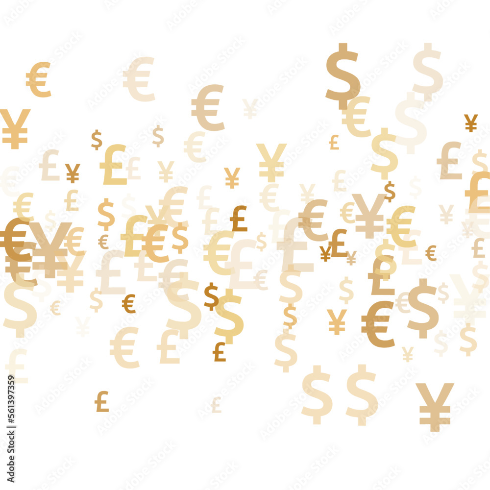 Euro dollar pound yen gold signs scatter money vector design. Deposit concept. Currency tokens Euro dollar pound yen gold signs scatter money vector design. Deposit concept. Currency tokens