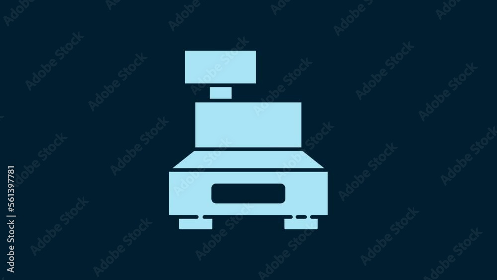 White Cash register machine with a check icon isolated on blue background. Cashier sign. Cashbox symbol. 4K Video motion graphic animation