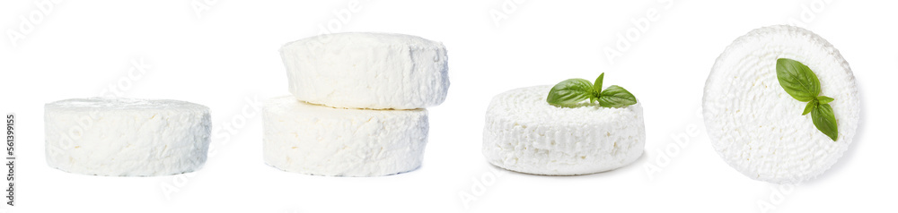 Collage with tasty cottage cheese on white background