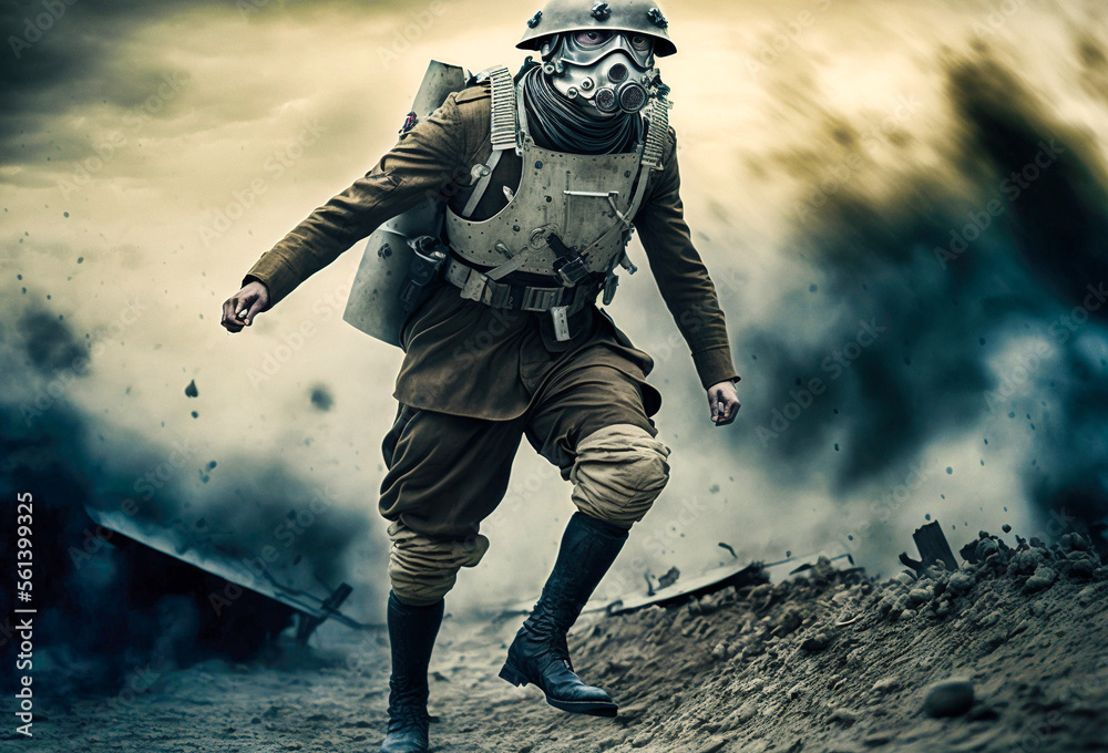 Naklejka premium WWI retrofuturistic soldier - generative ai