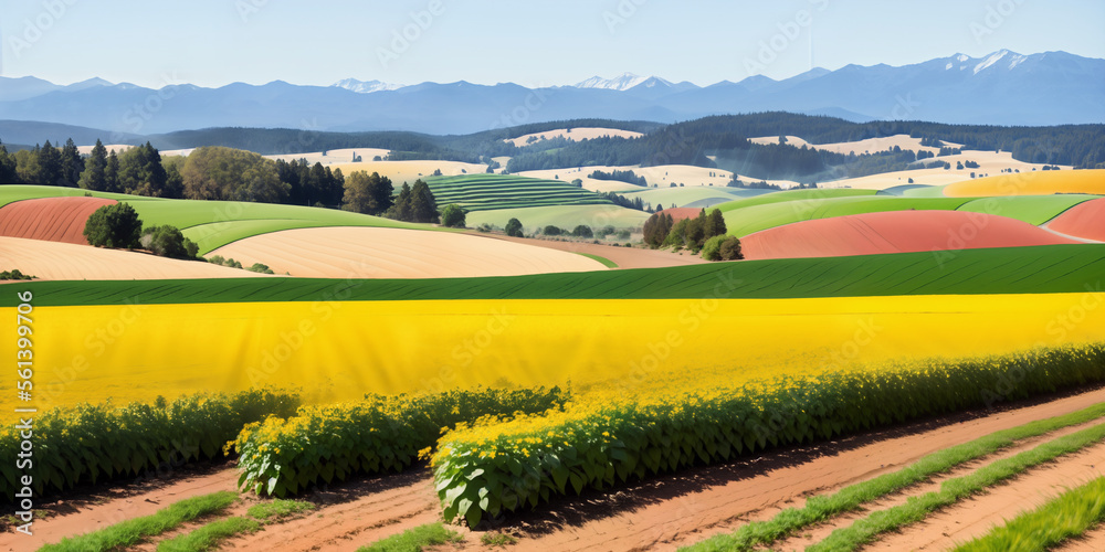 Obraz premium farm in farmland with a field of flowers and mountains in the background, with rolling hills and immaculate rows of crops.