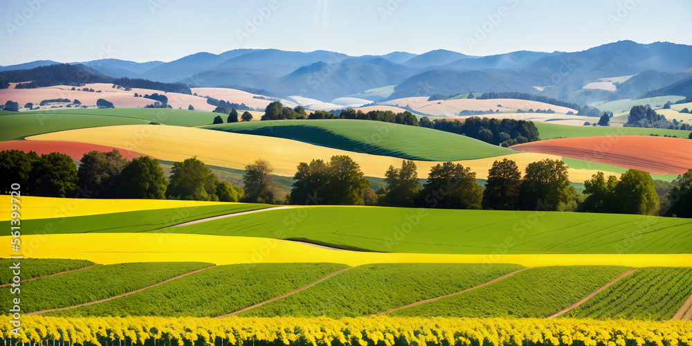 Fototapeta premium farm in farmland with a field of flowers and mountains in the background, with rolling hills and immaculate rows of crops