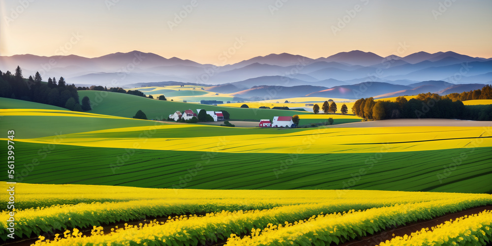 Obraz premium farm in farmland with a field of flowers and mountains in the background, with rolling hills and immaculate rows of crops