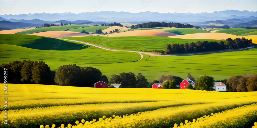 Obraz premium farm in farmland with a field of flowers and mountains in the background, with rolling hills and immaculate rows of crops.