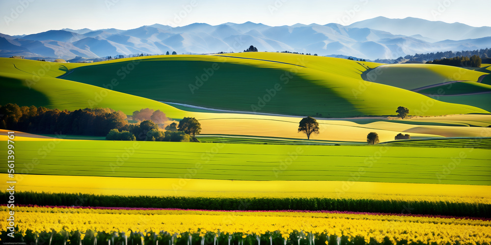 
farm in farmland with a field of flowers and mountains in the background, with rolling hills and immaculate rows of crops.