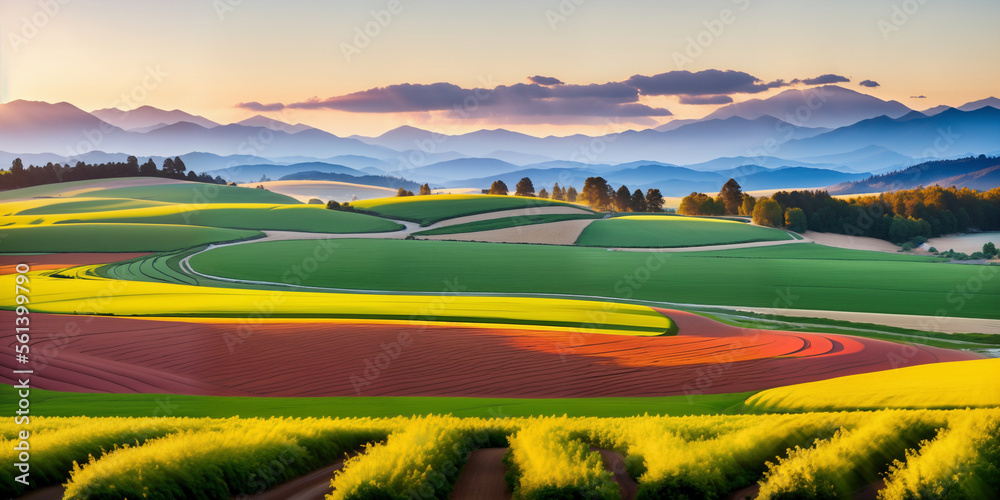Obraz premium farm in farmland with a field of flowers and mountains in the background, with rolling hills and immaculate rows of crops.